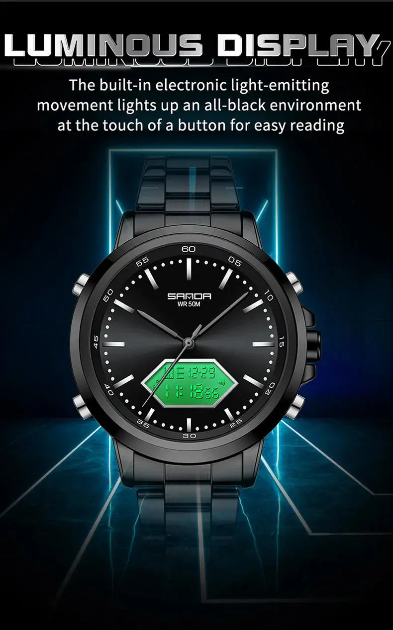 Dual Display Multi functional Night Light Waterproof Business Sports Watch Inspirational Watches