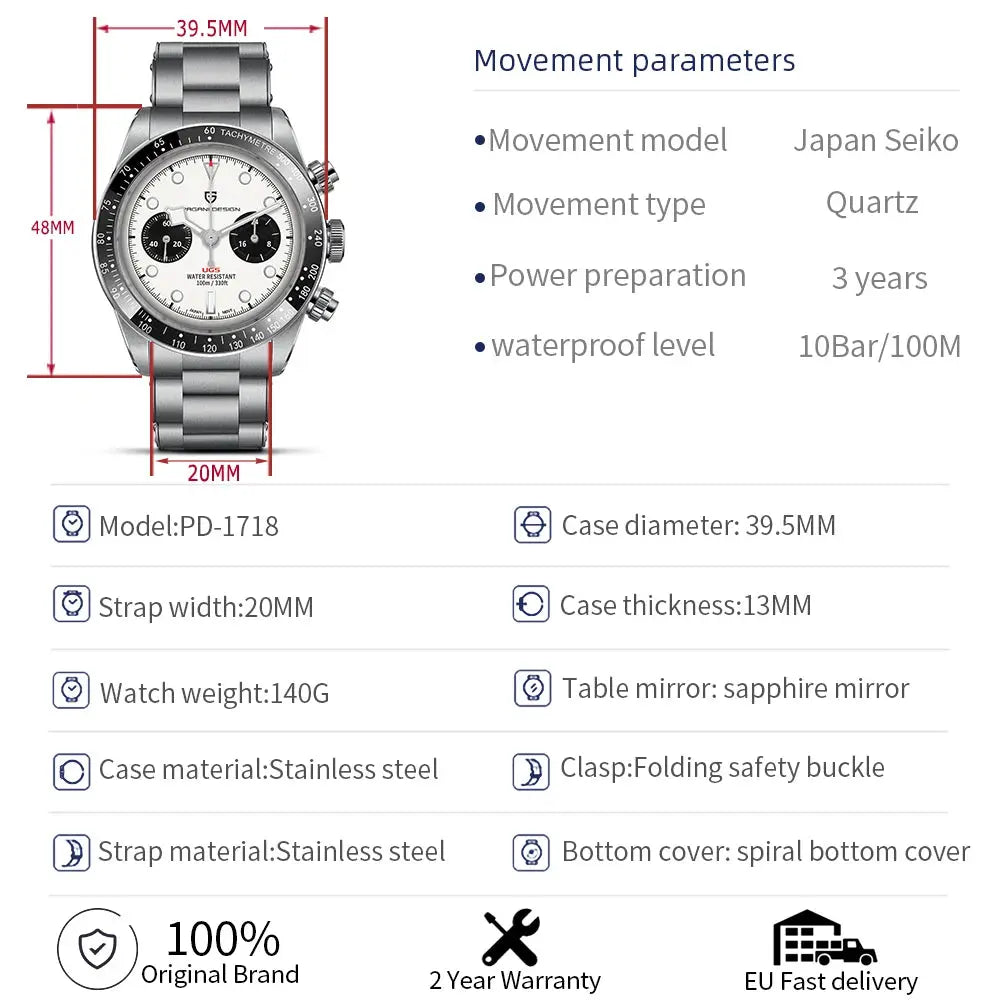 Panda Retro Sport Chronograph Luxury Quartz Watch For Men Sapphire mirror 10Bar Waterproof - Inspirational Watches
