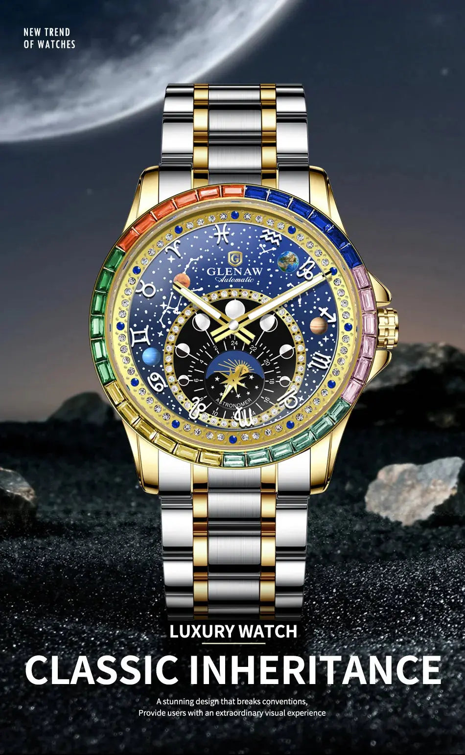 Original Design Diamond Constellation Rotating Dial Automatic Mechanical Inspirational Watches