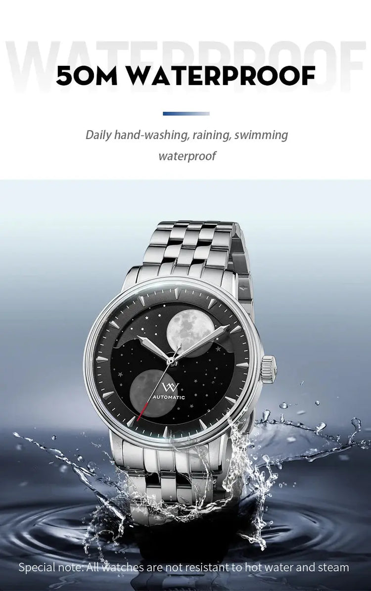 Lunar Moon Phase Automatic Mechanical Sapphire Waterproof Twin Moons Inspirational Watches