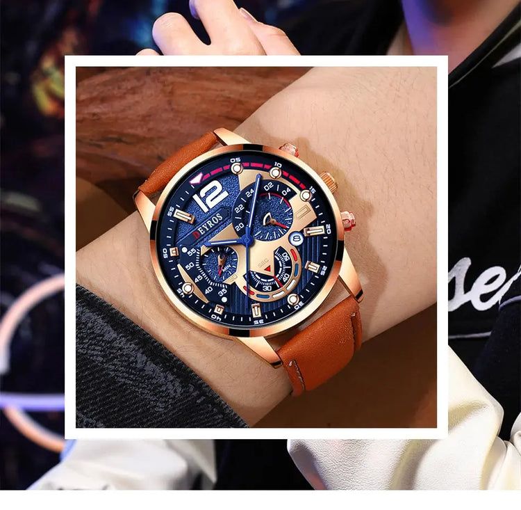 2PCS Set Fashion Calendar Watches Male Business Casual Brown Leather - Inspirational Watches