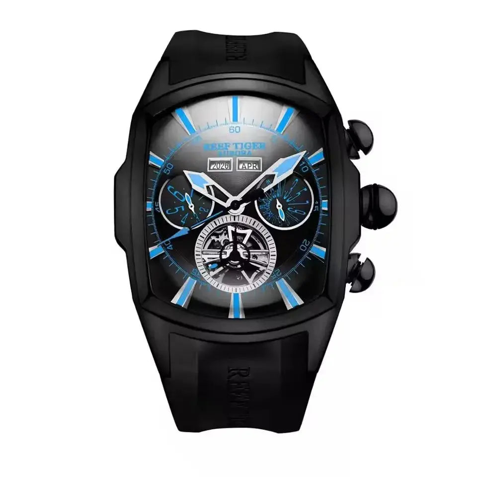 Reef Tiger 316L Stainless Steel Wine Barrel Automatic Watch Fashion Mulitfunction Tourbillon Mechanical Watches for Men RGA3069 Inspirational Watches