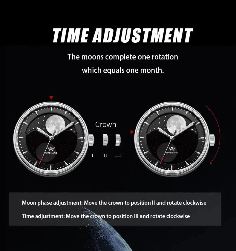 WM Watch Automatic Mechanical Watches Men Lunar Moon Phase Sapphire Waterproof Man Luminous Twin Moons Welly Merck Watch WM142 Inspirational Watches