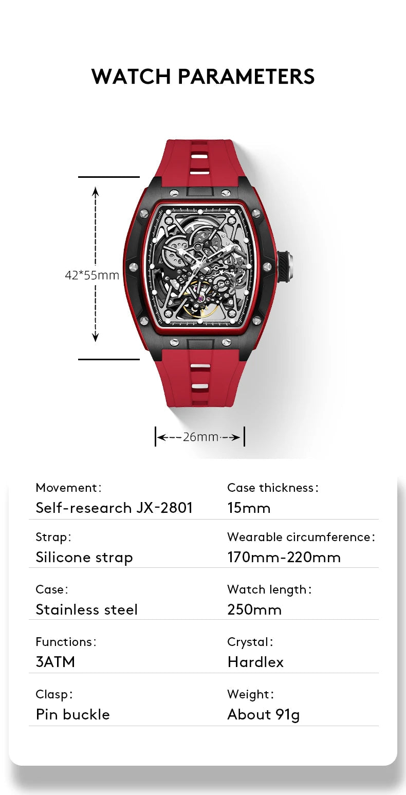 Mechanical Watch for Men Fashion Sport Analog Automatic Wristwatch Skeleton Stainless 50M Waterproof Watches with Tonneau Dial Inspirational Watches