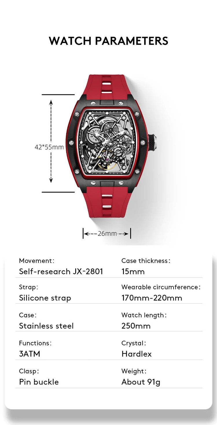 Mechanical Watch for Men Fashion Sport Analog Automatic Wristwatch Skeleton Stainless 50M Waterproof Watches with Tonneau Dial Inspirational Watches