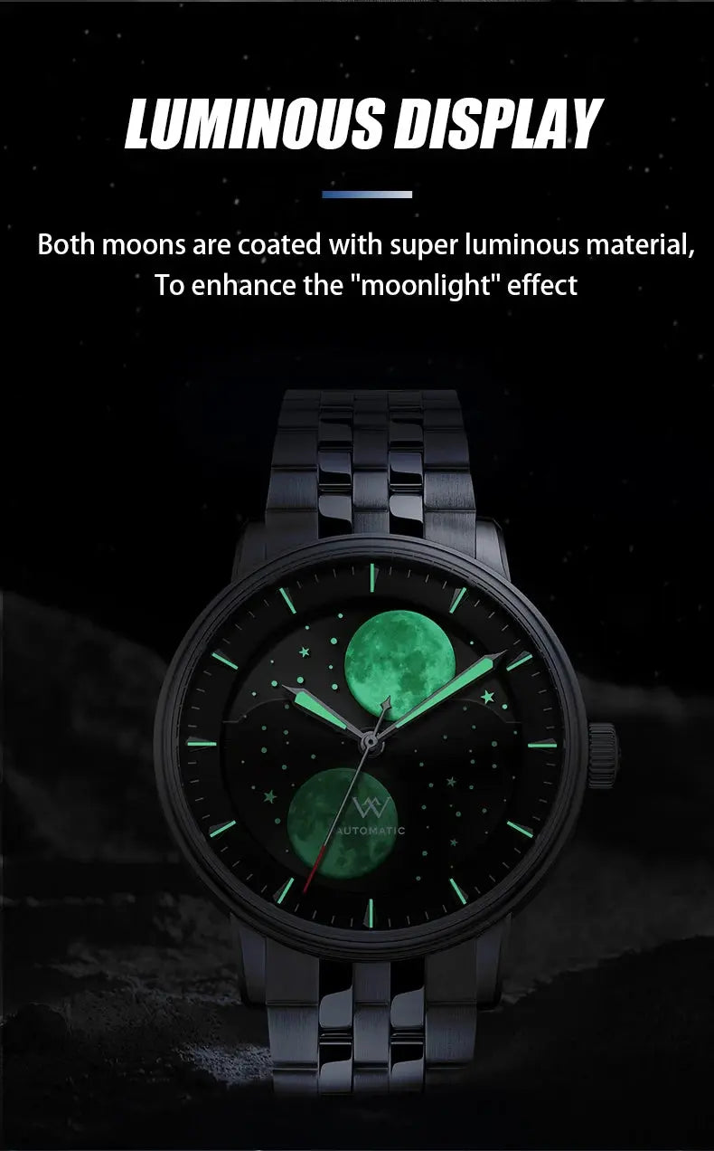Lunar Moon Phase Automatic Mechanical Sapphire Waterproof Twin Moons Inspirational Watches