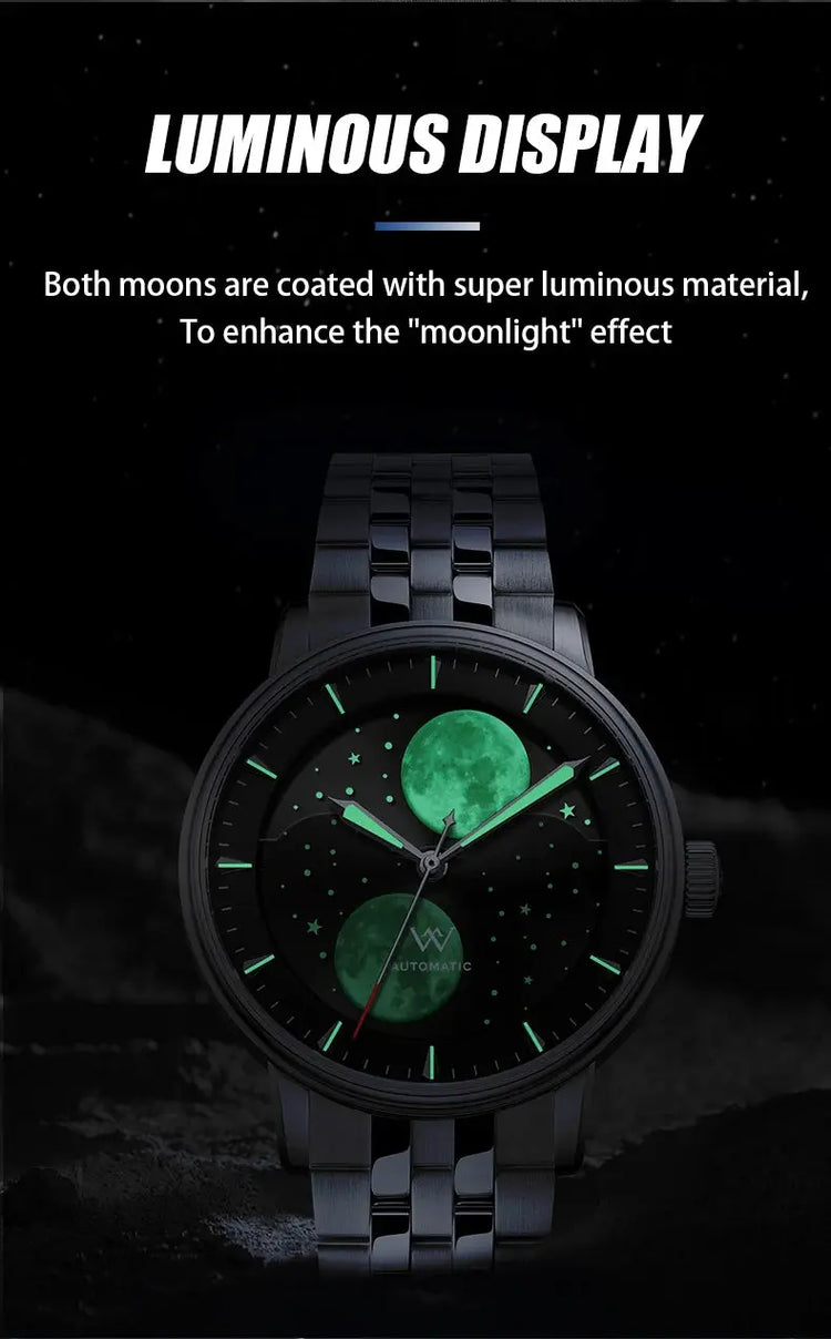Lunar Moon Phase Automatic Mechanical Sapphire Waterproof Twin Moons Inspirational Watches