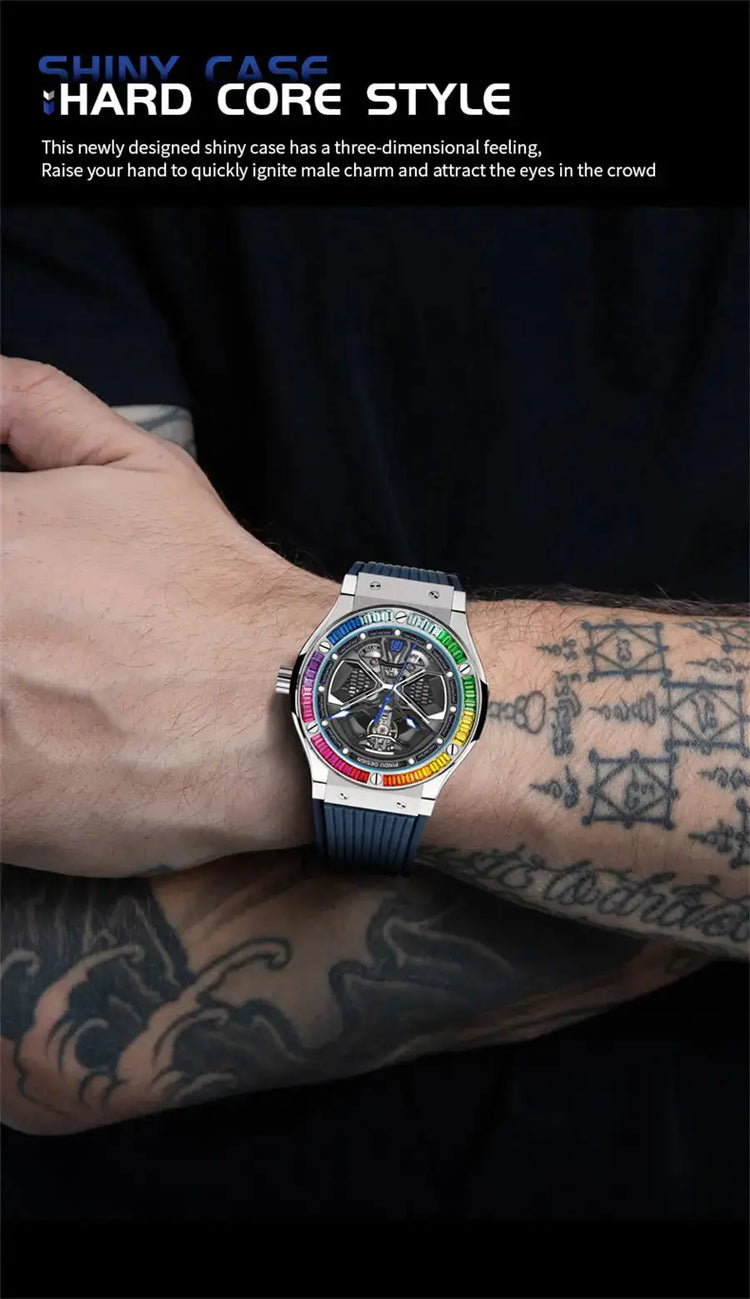 PINDU Watches High Quality Luxury Color Diamond Mechanical Watch For Men Waterproof Stainless Steel Silicone Strap Fashion Watch Inspirational Watches