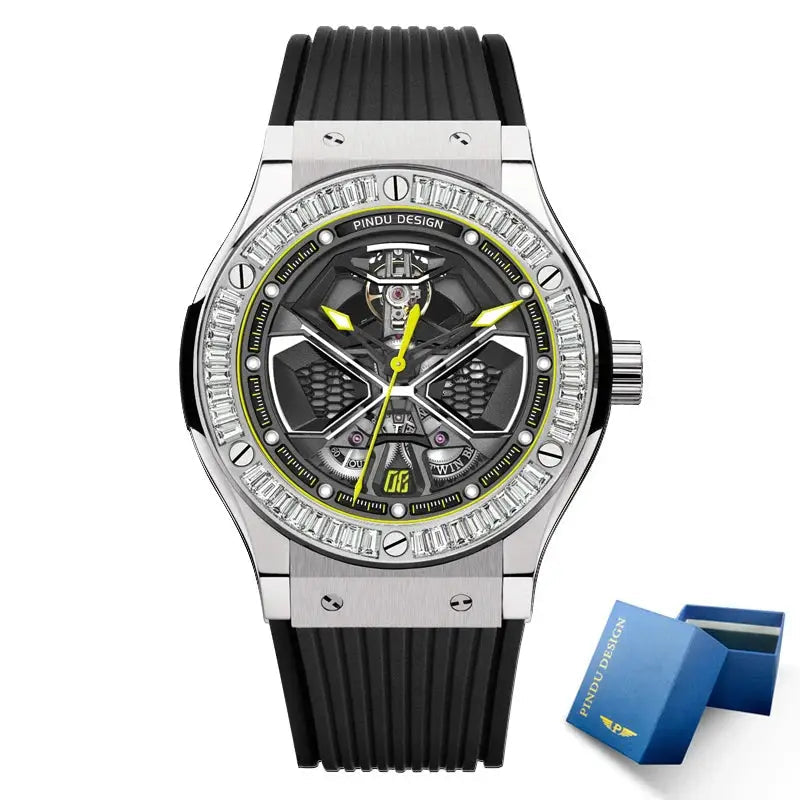 PINDU Watches High Quality Luxury Color Diamond Mechanical Watch For Men Waterproof Stainless Steel Silicone Strap Fashion Watch Inspirational Watches