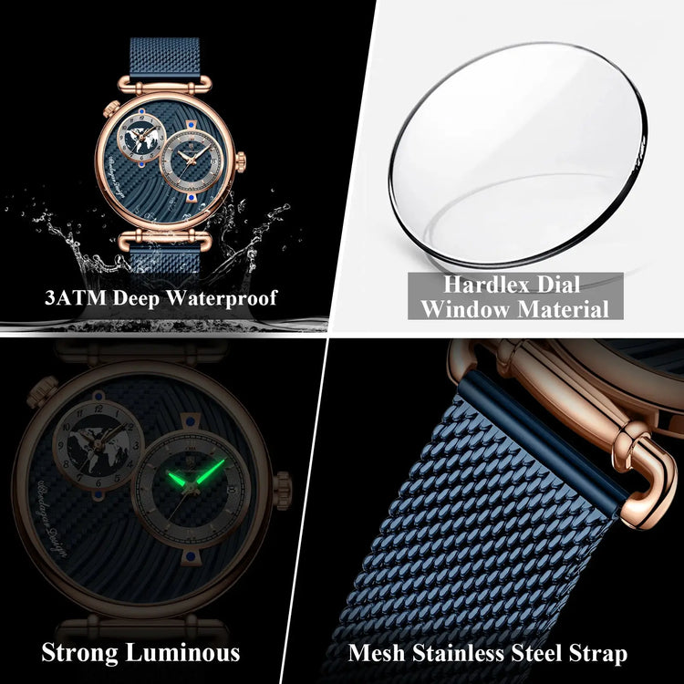 POEDAGAR Fashion Man Clock Dual Time Zone Display Waterproof Date Men Watch Sports Mesh Stainless Steel Men&