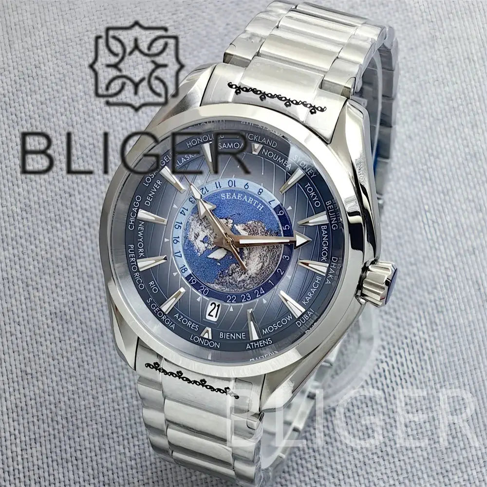 Time Earth Map Mechanical Sapphire Crystal Waterproof Luminous Inspirational Watches