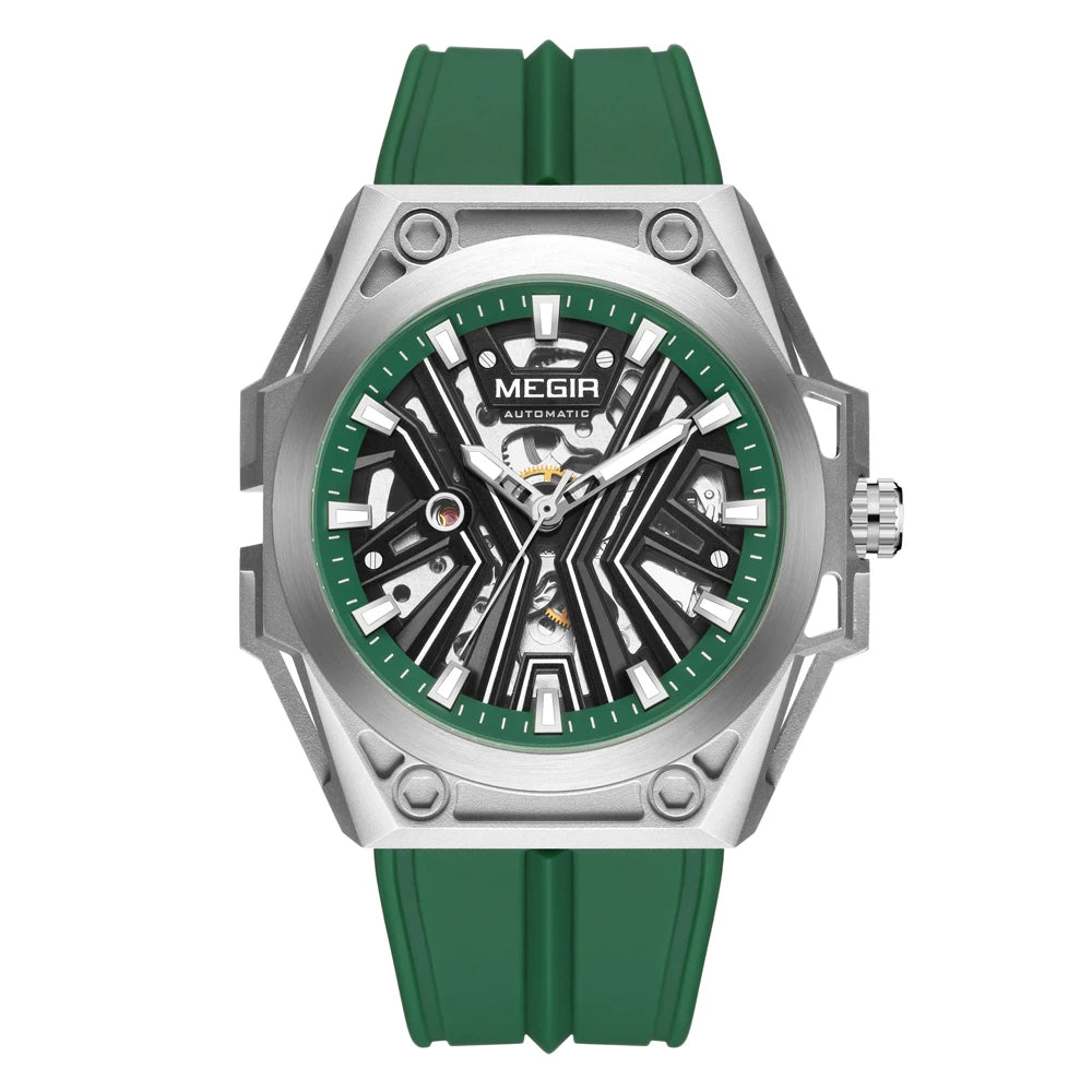 MEGIR Skeleton Dial Men Mechanical Watch Silicone Strap 316 Stainless Steel Case 50M Waterproof Automatic Wristwatches Men&