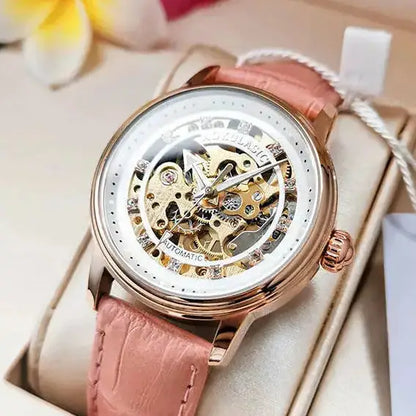 Augulas Genuine Hollow-Out Diamond-Encrusted Fully Automatic Mechanical Watch for Women, Fashionable and Simple, Luminous Waterproof Watch for Female Students, Trendy, the Best Gift for Her, No Battery Needed Inspirational Watches
