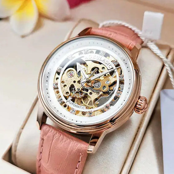 Augulas Genuine Hollow-Out Diamond-Encrusted Fully Automatic Mechanical Watch for Women, Fashionable and Simple, Luminous Waterproof Watch for Female Students, Trendy, the Best Gift for Her, No Battery Needed Inspirational Watches
