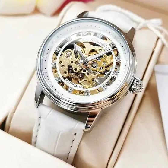 Augulas Genuine Hollow-Out Diamond-Encrusted Fully Automatic Mechanical Watch for Women, Fashionable and Simple, Luminous Waterproof Watch for Female Students, Trendy, the Best Gift for Her, No Battery Needed Inspirational Watches