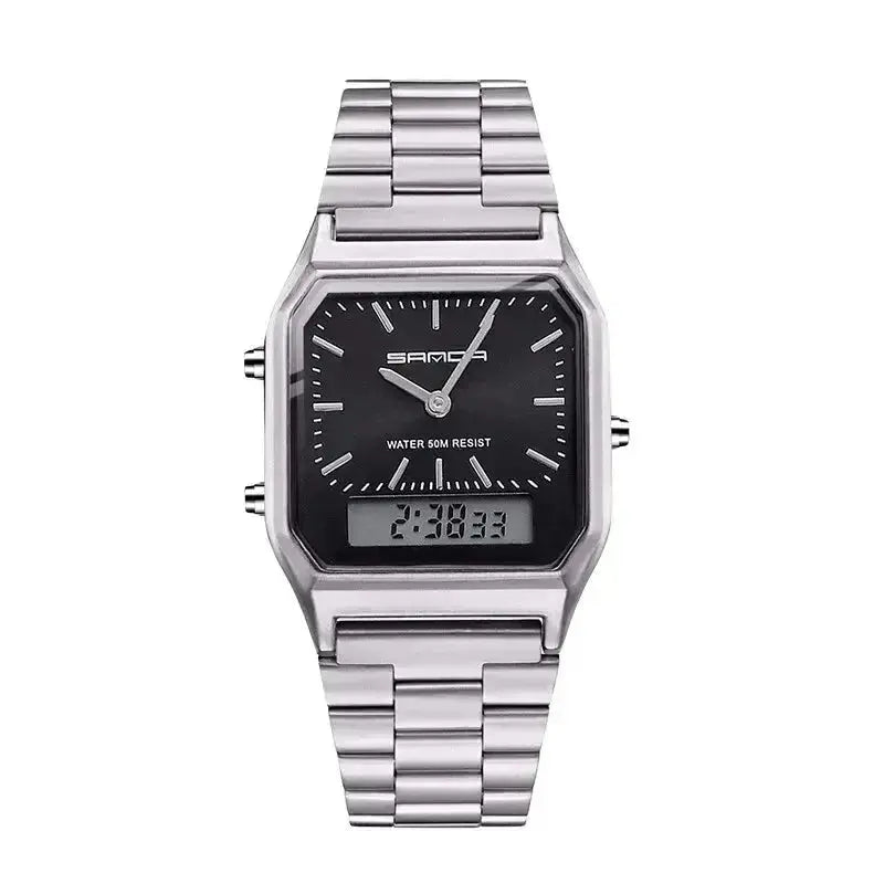 Stainless Steel LED Digital Dual Display Clock Waterproof Sports Watch Inspirational Watches