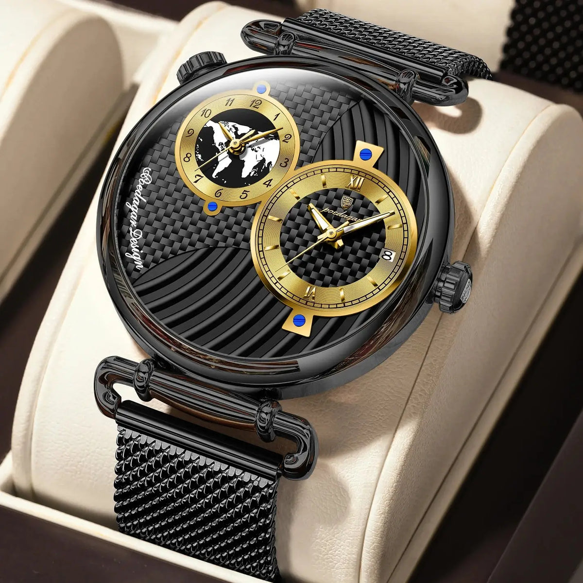 POEDAGAR Fashion Man Clock Dual Time Zone Display Waterproof Date Men Watch Sports Mesh Stainless Steel Men&
