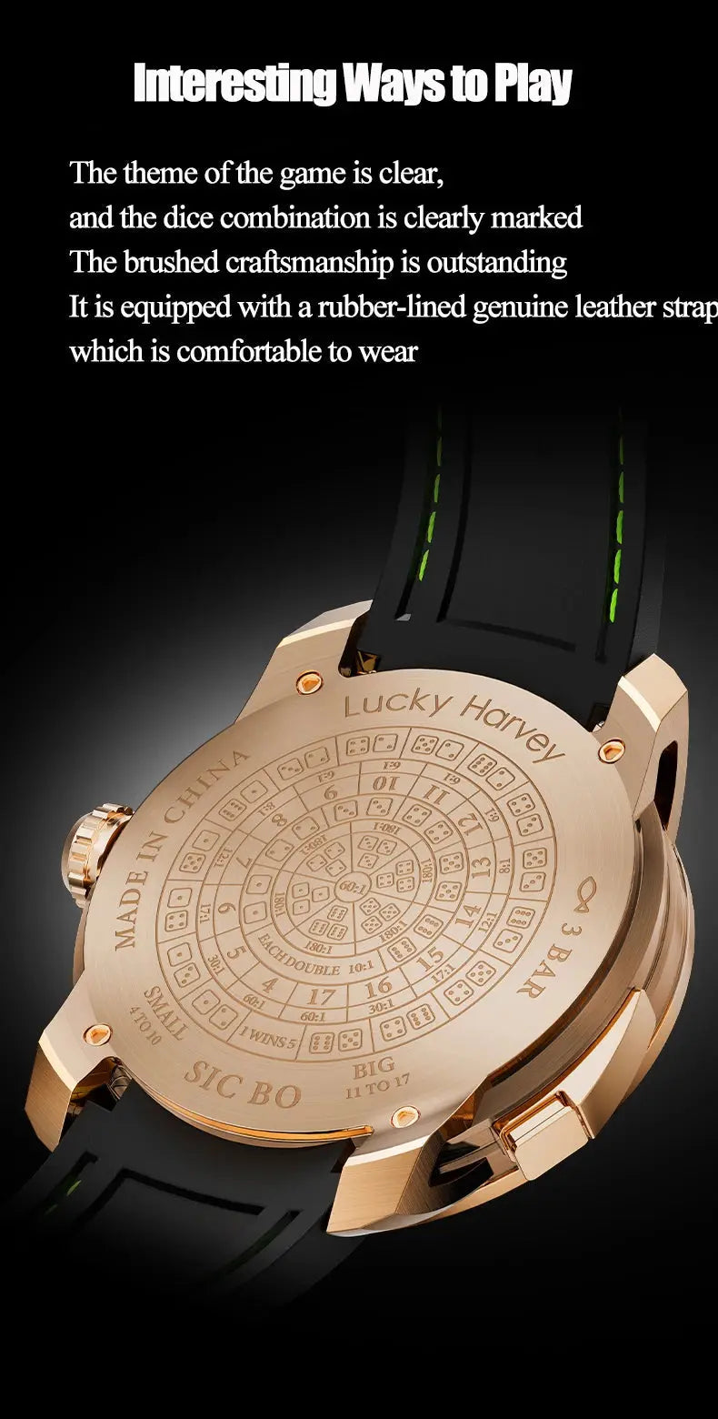Lucky Harvey Sic Bo Dial Automatic Mechanical Watches for Men 2.5MM Micro-carving Dice Cambered Sapphire Funny Party Game Watch Inspirational Watches
