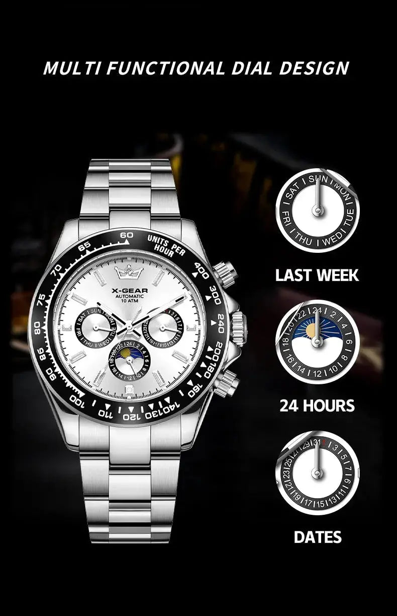 Automatic Watch with Ceramic Bezel Three Eyes Six Hands Waterproof Luminous - Inspirational Watches