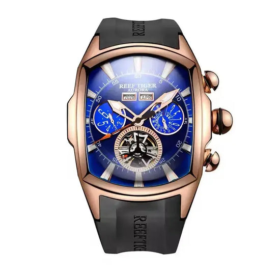 Reef Tiger 316L Stainless Steel Wine Barrel Automatic Watch Fashion Mulitfunction Tourbillon Mechanical Watches for Men RGA3069 Inspirational Watches