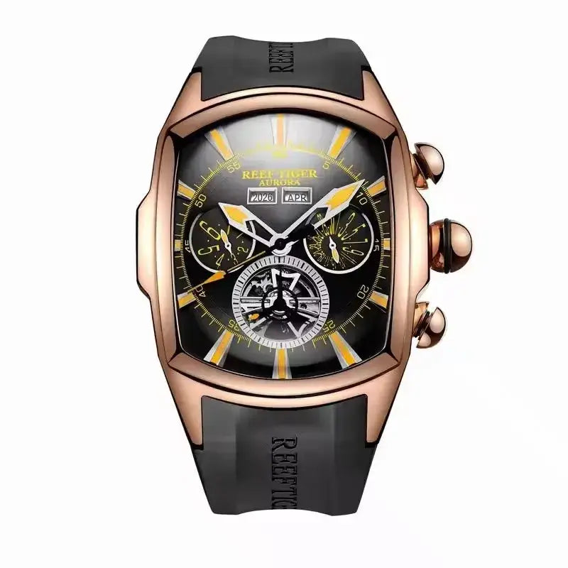 Reef Tiger 316L Stainless Steel Wine Barrel Automatic Watch Fashion Mulitfunction Tourbillon Mechanical Watches for Men RGA3069 Inspirational Watches