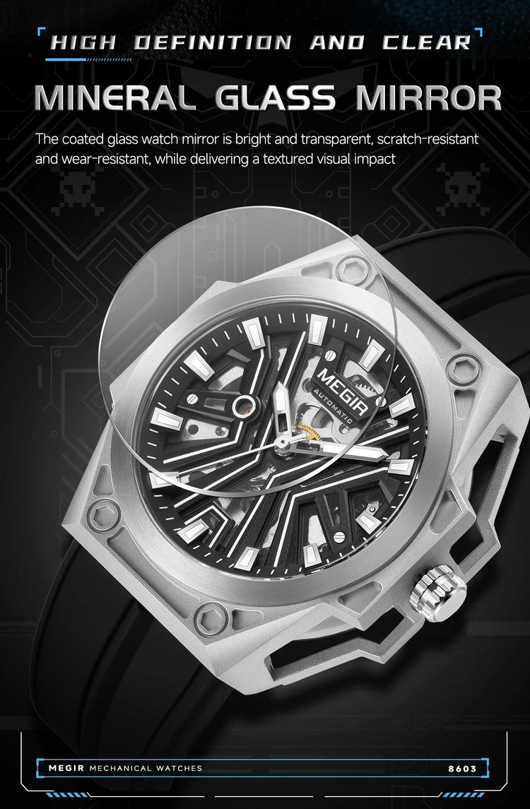 MEGIR Skeleton Dial Men Mechanical Watch Silicone Strap 316 Stainless Steel Case 50M Waterproof Automatic Wristwatches Men&