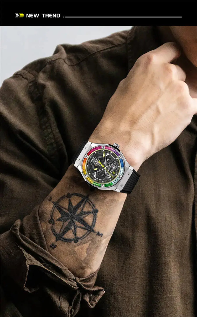 PINDU Watches High Quality Luxury Color Diamond Mechanical Watch For Men Waterproof Stainless Steel Silicone Strap Fashion Watch Inspirational Watches