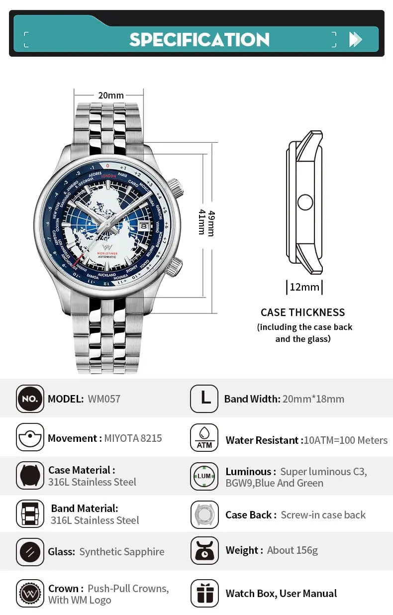 World Time Original Automatic Mechanical High Quality Sapphire Inspirational Watches