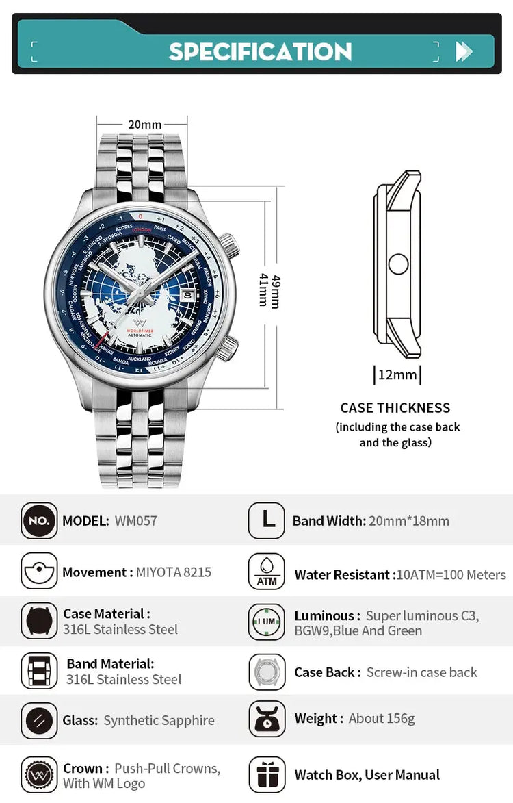 World Time Original Automatic Mechanical High Quality Sapphire Inspirational Watches