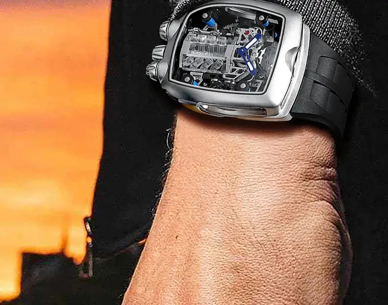 PINDU Men Automatic Watch 42mm Luxury Tonneau Mechanical Wristwatch Fashion Luminous 50M Waterproof Skeleton NH05 Inspirational Watches