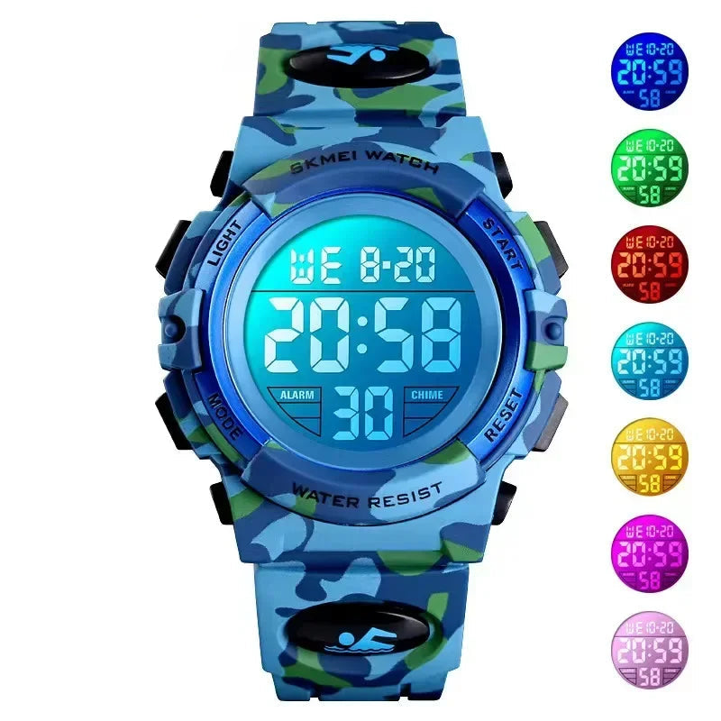 Blue camouflage digital watch with multiple color options displayed on a white background