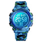 Blue camouflage digital watch with multiple color options displayed on a white background