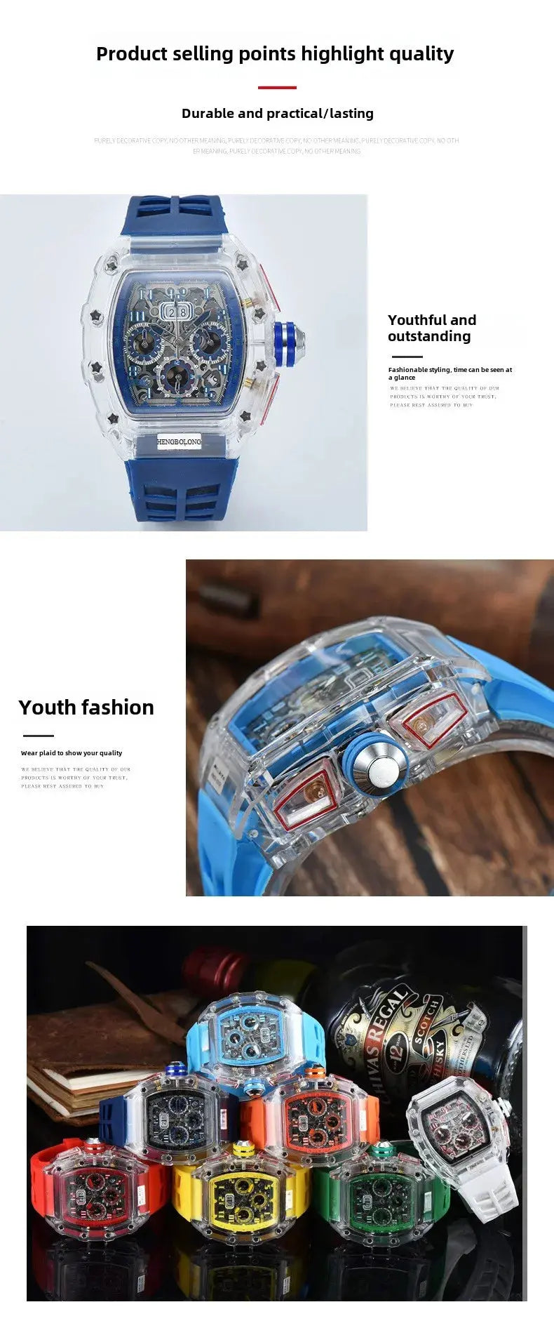 six-pin multi-functional running second engraving hollow quartz watch - Inspirational Watches