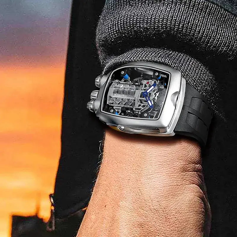 PINDU Men Automatic Watch 42mm Luxury Tonneau Mechanical Wristwatch Fashion Luminous 50M Waterproof Skeleton NH05 Inspirational Watches