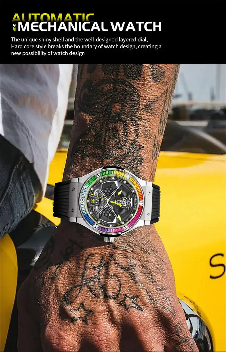 PINDU Watches High Quality Luxury Color Diamond Mechanical Watch For Men Waterproof Stainless Steel Silicone Strap Fashion Watch Inspirational Watches