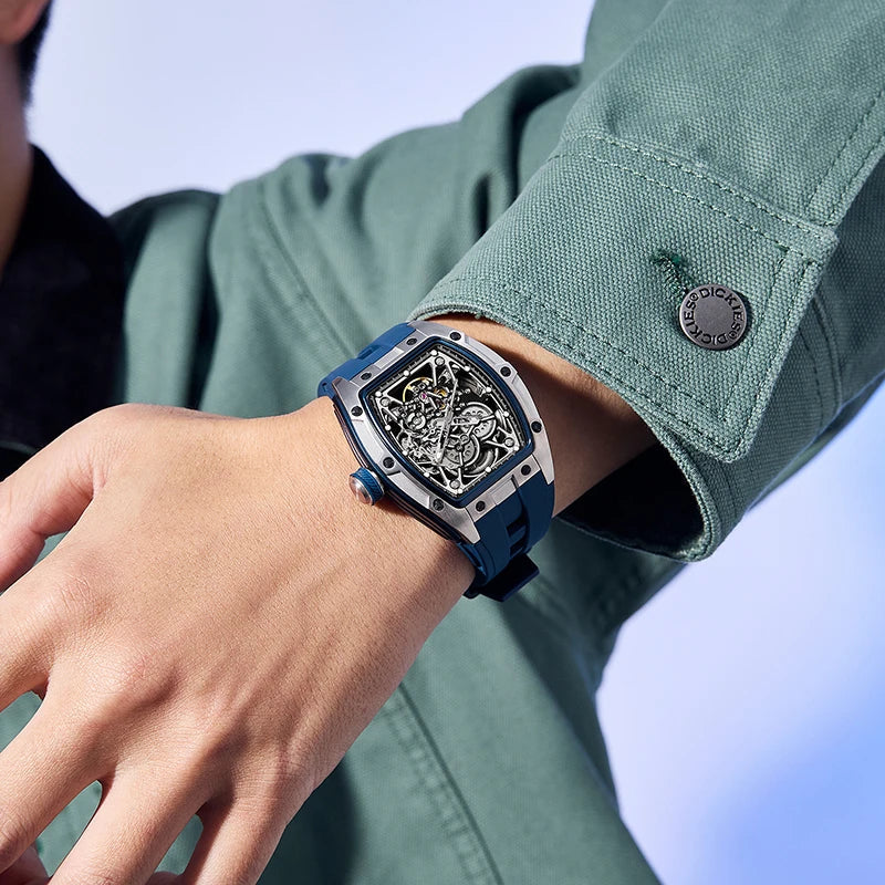 Mechanical Watch for Men Fashion Sport Analog Automatic Wristwatch Skeleton Stainless 50M Waterproof Watches with Tonneau Dial Inspirational Watches