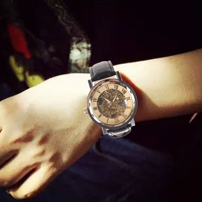 Mens Mechanical Watch Black Leather Gold Skeleton Sport Wristwatch Cool Relogio Inspirational Watches