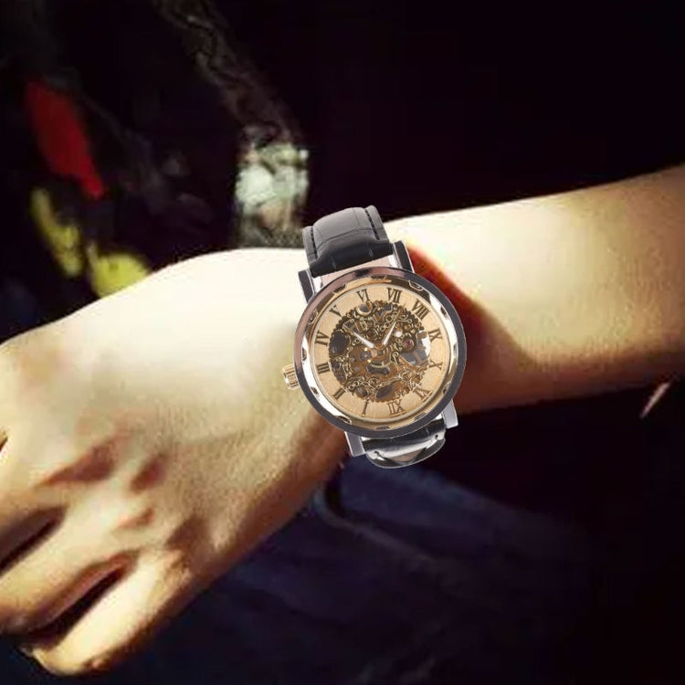 Mens Mechanical Watch Black Leather Gold Skeleton Sport Wristwatch Cool Relogio Inspirational Watches
