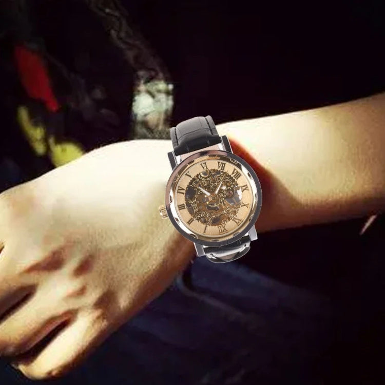 Mens Mechanical Watch Black Leather Gold Skeleton Sport Wristwatch Cool Relogio Inspirational Watches