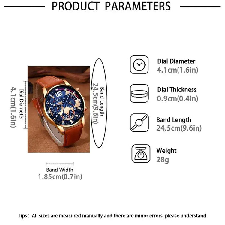 2PCS Set Fashion Calendar Watches Male Business Casual Brown Leather - Inspirational Watches