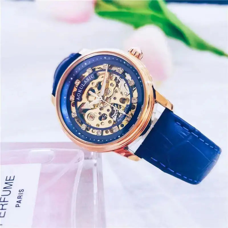 Augulas Genuine Hollow-Out Diamond-Encrusted Fully Automatic Mechanical Watch for Women, Fashionable and Simple, Luminous Waterproof Watch for Female Students, Trendy, the Best Gift for Her, No Battery Needed Inspirational Watches