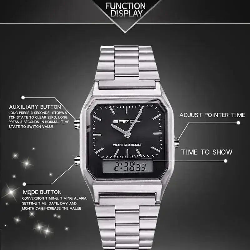 Stainless Steel LED Digital Dual Display Clock Unisex Waterproof Sports Quartz Inspirational Watches
