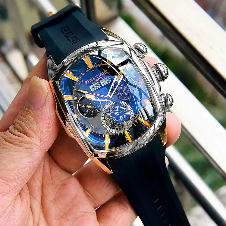 Reef Tiger 316L Stainless Steel Wine Barrel Automatic Watch Fashion Mulitfunction Tourbillon Mechanical Watches for Men RGA3069 Inspirational Watches