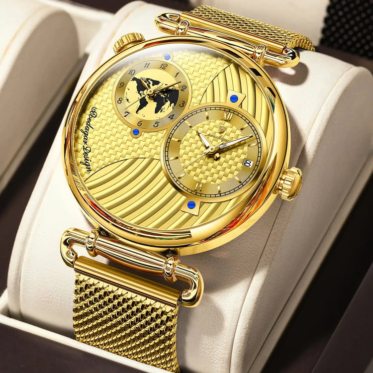 POEDAGAR Fashion Man Clock Dual Time Zone Display Waterproof Date Men Watch Sports Mesh Stainless Steel Men&