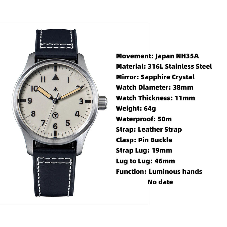 SEESTERN Watch Automatic Mechanical Wristwatches NH35 Movement Military Full Luminous Sapphire Crystal Waterproof Army Air Force Inspirational Watches