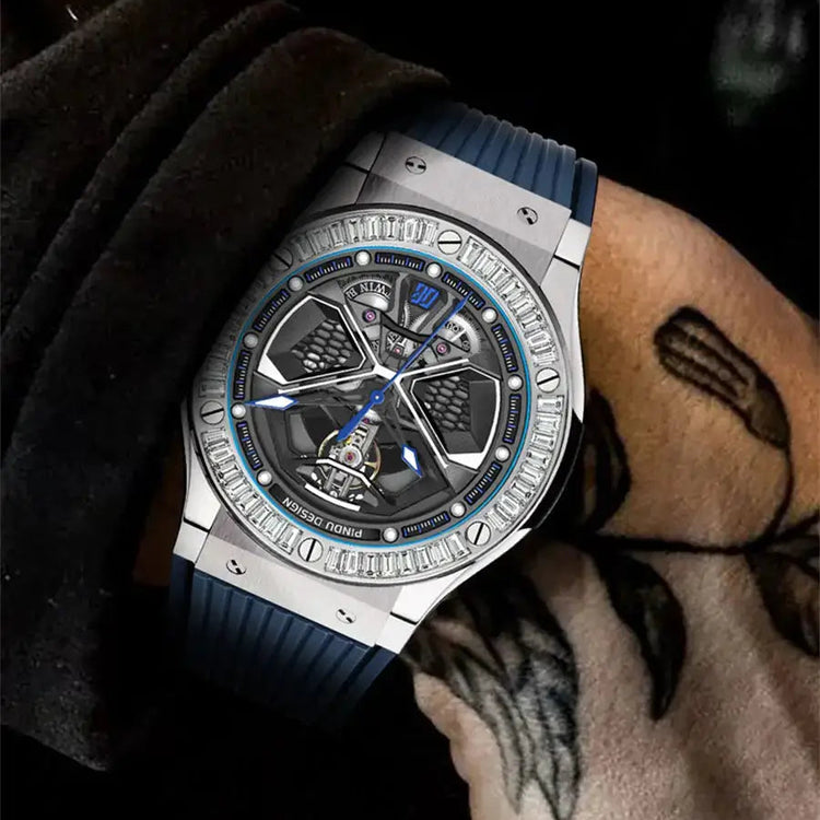 PINDU Watches High Quality Luxury Color Diamond Mechanical Watch For Men Waterproof Stainless Steel Silicone Strap Fashion Watch Inspirational Watches
