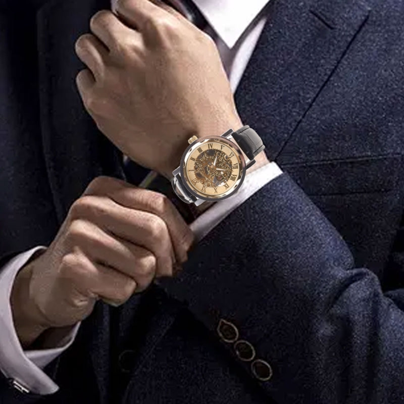 Mens Mechanical Watch Black Leather Gold Skeleton Sport Wristwatch Cool Relogio Inspirational Watches