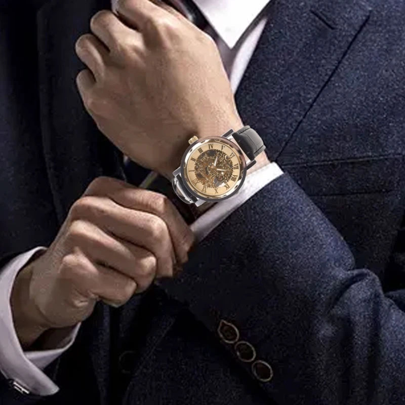 Mens Mechanical Watch Black Leather Gold Skeleton Sport Wristwatch Cool Relogio Inspirational Watches