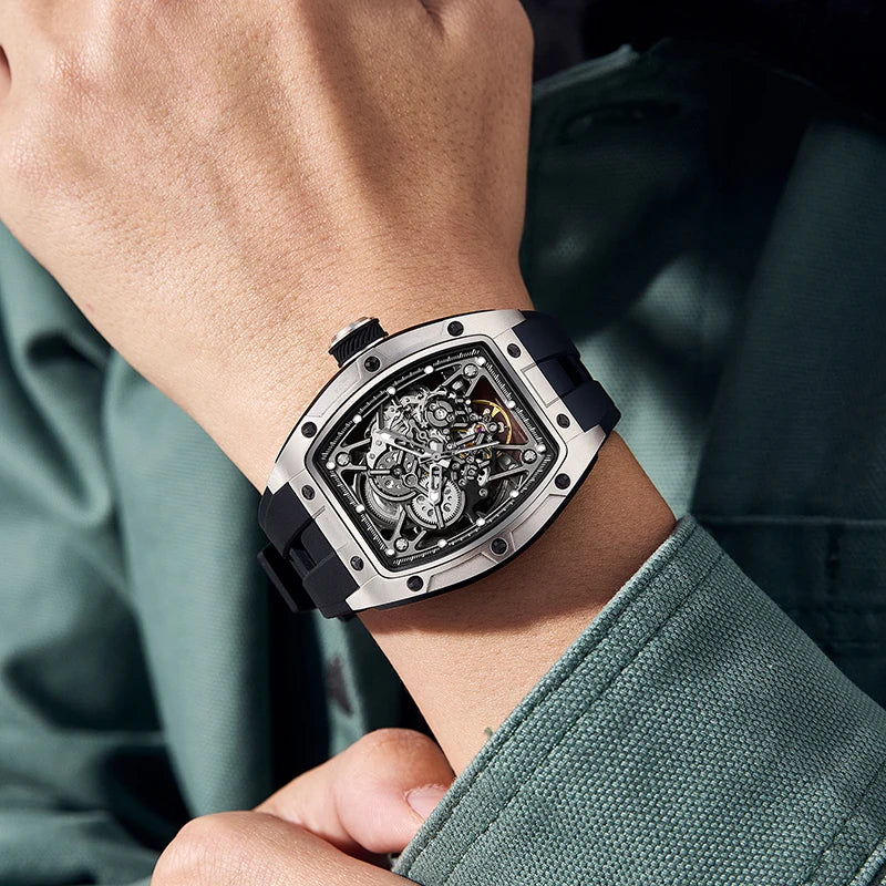 Mechanical Watch for Men Fashion Sport Analog Automatic Wristwatch Skeleton Stainless 50M Waterproof Watches with Tonneau Dial Inspirational Watches
