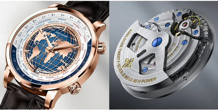 World Time Automatic Mechanical Calendar Stainless Steel Inspirational Watches